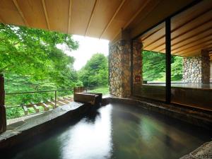 川の湯・腰掛湯(昼)　※豊沢川を眺めながら、深さ90cmの水深で腰をかけて入れます。