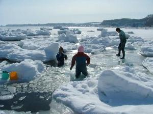 流氷ウォーク。ドライスーツを着て流氷の上を歩く人気のアクティビティです。