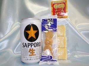 おつまみセット。しんやのほたておつまみ２種と缶ビール１本がついてます！