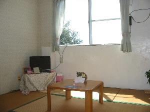 南の島の明るい日差しが差し込むお部屋。さとうきび畑の長閑な風景と真っ青な海、水平線が見えます
