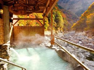 紅葉時期の露天風呂からの風景。一面が紅葉に染まった渓谷を見上げながらの入浴ができます