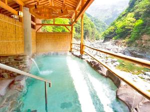 専用のケーブルカーで下った先にある、源泉かけながし・天然温泉の露天風呂（渓谷）