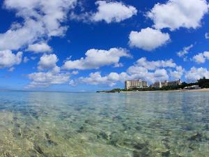 ホテルの前に広がるエメラルドグリーンの海☆海ガメも訪れる自然の美しいビーチでは星の砂にも出会えます
