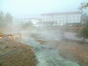 朝の湯川園地（足湯からの風景です。湯煙が温泉情緒を奏でます）