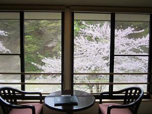 桐の花スタンダードツインベットルーム。春は夏油川と桜が目の前にご覧いただけます。