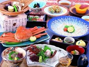 伊勢海老・かにプラン。伊勢海老のお造り・ずわいかに一杯、部屋毎に鯛の薄造り付