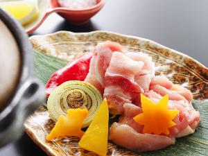 「花野コースのメイン料理」四万十鶏と四万十ポークの陶板焼き♪