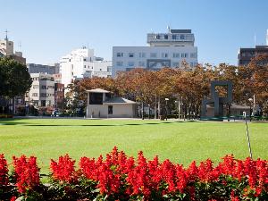 中央公園より望む温泉ホテル中原別荘