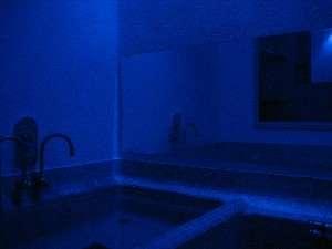 青い光で落ち着きのある内湯は２４時間利用可能。