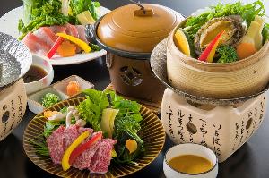 【３種類の中からチョイス♪】(1)金目鯛のしゃぶしゃぶ(2)黒毛和牛の焼きしゃぶ(3)アワビの蒸篭蒸し