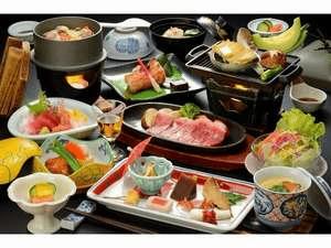酒蒸しアワビと福島牛ステーキプラン料理一例