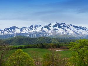 丘の上から大雪山の峰々の勇姿と目の前に広がる雄大な牧草地と畑が一望出来ます。
