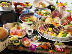 【旬彩物語／花野コース】黒毛和牛と四万十鶏の焼きしゃぶ、イセエビの鱶鰭餡掛け、カツオの藁焼きタタキ付