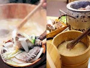 熱々の石を放り込んで調理する磯焼料理