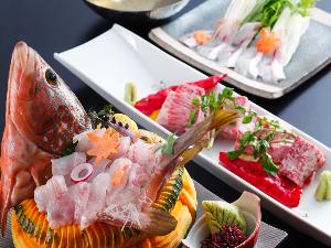極会席のお料理例。旬魚、和牛ステーキ、のどぐろしゃぶしゃぶ