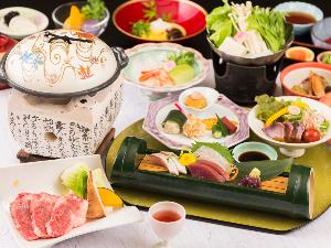 近江牛陶板焼きがメインの会席（夏のお料理イメージ）