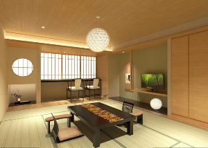 木材に土佐ヒノキを使用した癒しの和室には、縁側空間にカウンターを配置し外の景色も愉しめる。