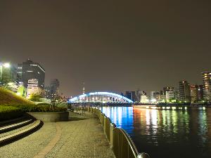 ≪隅田川テラスから永代橋方面≫川沿いを歩ける隅田川テラス。夜景や季節の花に癒されます。