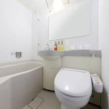 バスルーム（シングルルーム一例・歯ブラシ以外のアメニティはフロントからお持ちいただけます。）