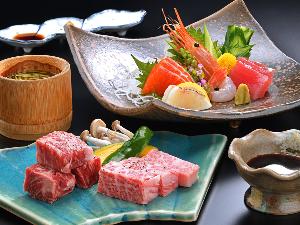 【追加料理一例】塩川牛の陶板・刺身皿盛り