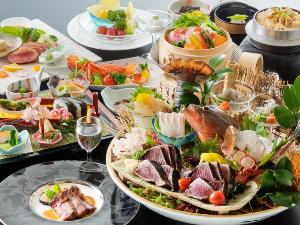 【旬彩物語／花時コース】金目鯛と春野菜の蒸篭蒸しに黒毛和牛ロースステーキ、イセエビ春野菜焼き