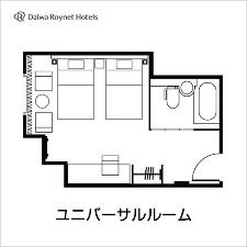 【間取り】ユニバーサルツインルーム<BR>シングルベッドを2台ご用意した、ゆとりある広さを実感頂ける、28平米の客室です。<BR>車椅子ご利用の方、ご高齢の方含め様々なお客様に対応が可能です。<BR>
