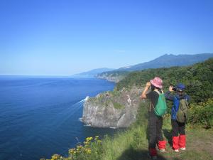 オホーツク海を見下ろす断崖絶壁。オホーツクブルーの海と知床岬まで見渡せる絶景です。