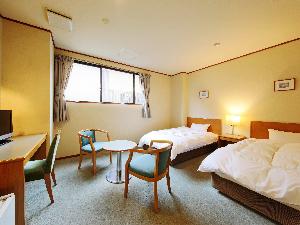 【洋室ツイン】広さ13平米程度、ビジネス向けのお部屋になります。お部屋からの眺望はありません。バス・トイレ付。