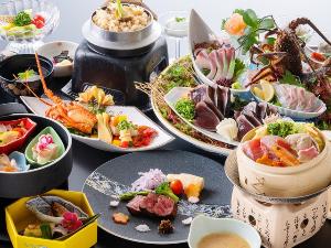 【旬彩物語／花時コース】金目鯛と春野菜の蒸篭蒸しに四万十牛の藁焼きステーキ、伊勢海老の春野菜餡かけ