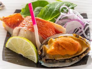 【金目鯛黒潮グリーンレモン焼き、鮑雲丹焼き】コリコリの鮑に金目鯛！贅沢食材を一皿で堪能