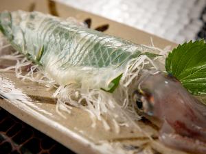 唐津名物イカの活き作り、後造りは天ぷらや塩焼きなど