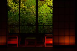 ～客室窓からのライトアップ風景～　夜になると名勝・鶴仙渓のライトアップが神秘的な雰囲気を演出