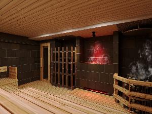 【平和台ホテル天神9F】男性専用パブリックサウナ「溶岩-Yogan-」100℃に近い室温に設定された灼熱のサウナ。 加湿装置により常に適切な湿度を保ち、短時間でも体を芯から温めます。
