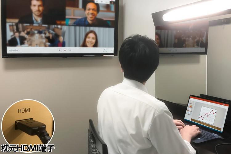 枕元のHDMI端子からテレビへの有線ミラーリングが可能。TVゲームやWEB会議等にご活用ください。