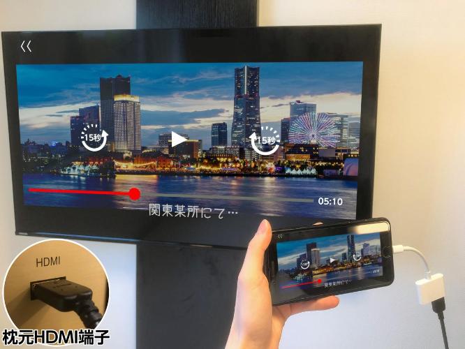枕元のHDMI端子からテレビへの有線ミラーリングが可能。TVゲームやWEB会議等にご活用ください。※接続機器によってはご利用できない場合がございます。