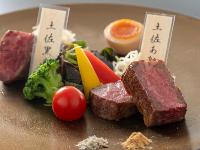 【土佐の恵み】梼原町で育てられた希少な土佐黒牛と土佐あかうしを一皿で堪能。土佐の和牛を食べ比べ。