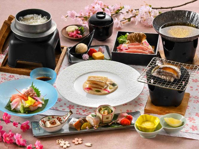 夕食　春の基本会席　※2025年3月15日（土）頃から2025年6月14日（土）頃までの献立例です。