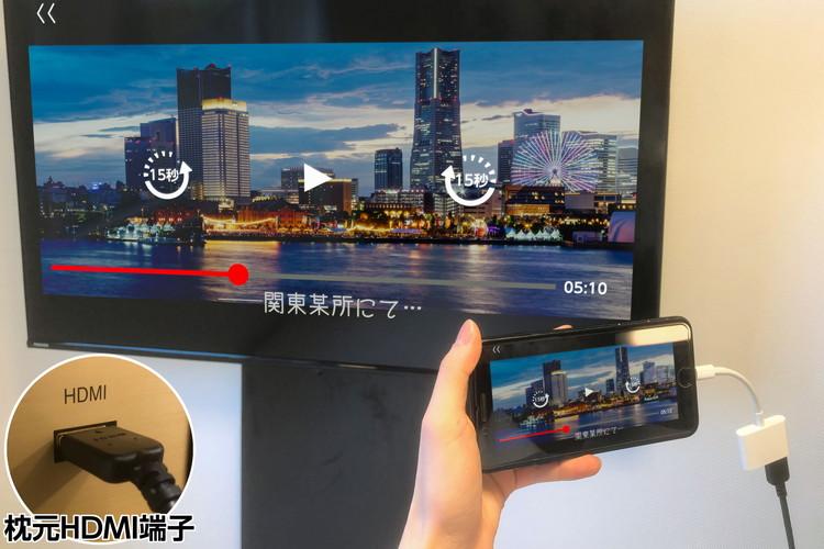 枕元のHDMI端子からテレビへの有線ミラーリングが可能です。TVゲームやWEB会議等にご活用ください。