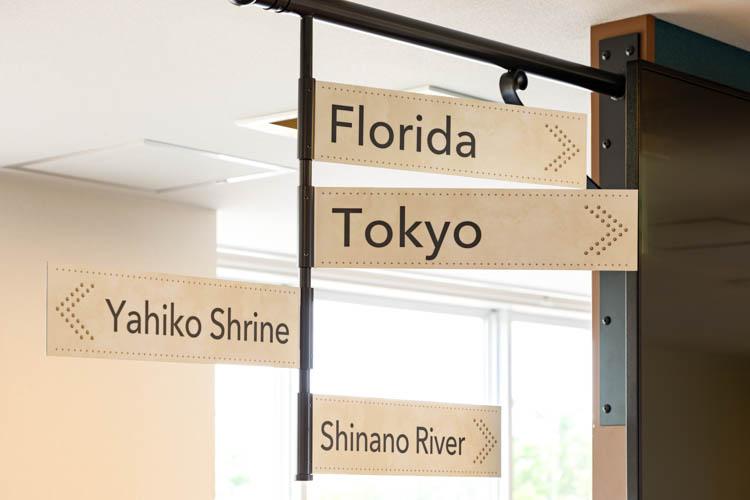 【ライブラリーカフェ】燕三条の代表的観光スポットを指す看板。それぞれ正しい方向を指しています。