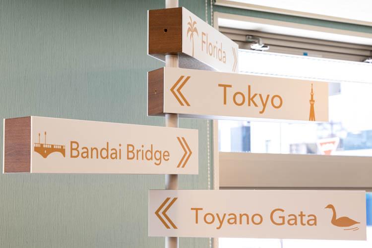 【ライブラリーカフェ】新潟周辺の代表的観光スポットを看板が正しい方向を指しています。