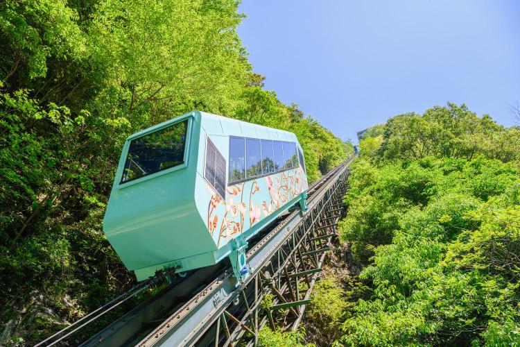 ４代目ケーブルカー　咲き誇る花々を車体にデザインしました　祖谷渓谷をゆっくりと進みます