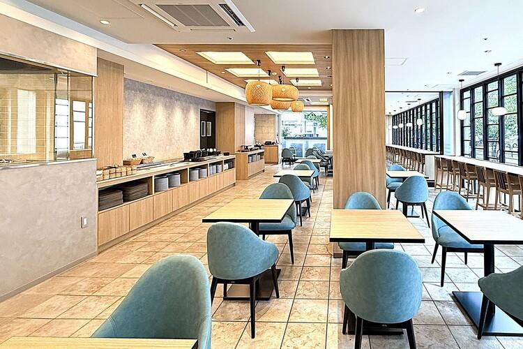 ◇クロスポント天神・店内イメージ：土鍋ごはんが魅力の朝食ブッフェ、数種類のカレーを楽しめるカレーランチブッフェ、パティシエ特製のスイーツが楽しめる、カフェタイムをご用意しています