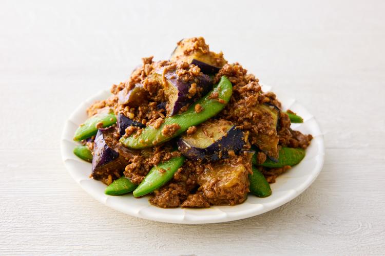 【肉みそとナスの煮びたし風炒め 】ナスを甘辛い肉みそとあっさりした和風のつゆで和えた一品