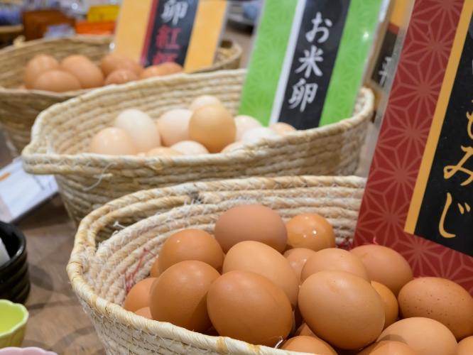 【朝食バイキング】天童の卵屋さん「半澤鶏卵」の生卵３種を”天童ホテル特製卵かけご飯醤油”で食べ比べ。