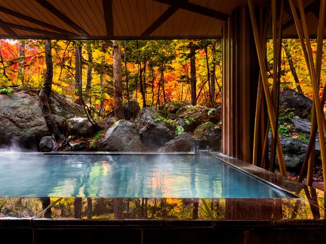 【大自然の湯「鳥の声」】湯けむりの向こうに、岩と紅葉の美しいコントラストが広がります