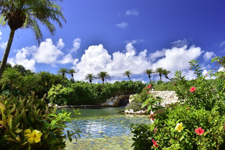 【シギラ黄金温泉（リゾート内）/ジャングルプール】水着で入るジャングルプールです。