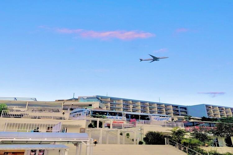 夕陽に染まりながら飛ぶ飛行機も見れちゃう