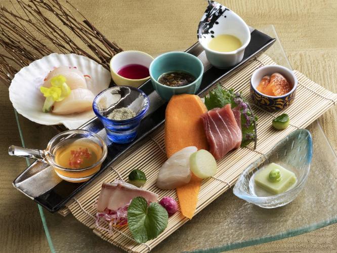 【もりの風茶寮・2026年夏】お造り/夏の北海道野菜を調味料に仕立てて楽しむ旬魚介5種盛り合わせ