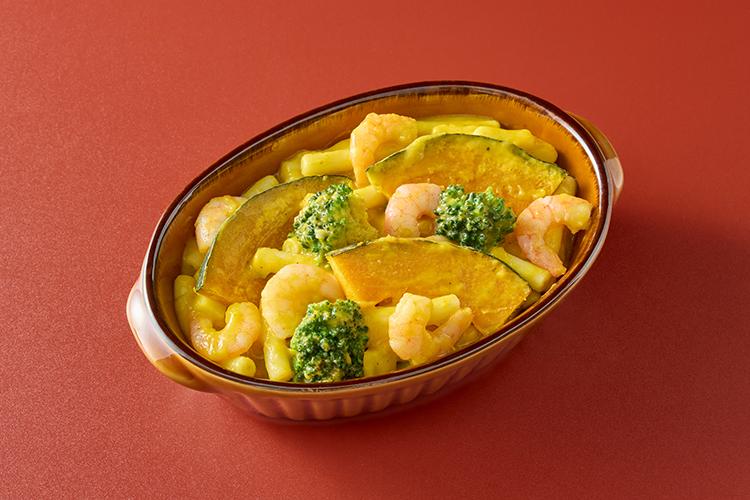 【海老とかぼちゃのクリームグラタン風】かぼちゃのやさしい甘みで秋らしいコクとまろやかさを楽しめる一皿